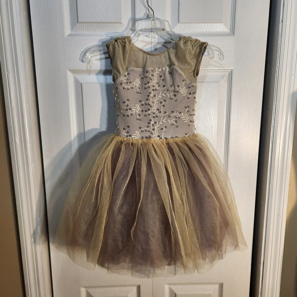 Weissman Kids IC 7-8 Mauve Gold Sequin Floral Tulle Dance Costume Leotard 12413